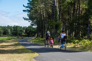 cycliste sur route foret landes pins famille enfant casque parent personnes vie jour ensoleille