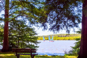 Soustons village authentique dans les Landes Nouvelle Aquitaine balnéaire avec vue sur le lac avec un banc et trois catamarans à la pointe des vergnes